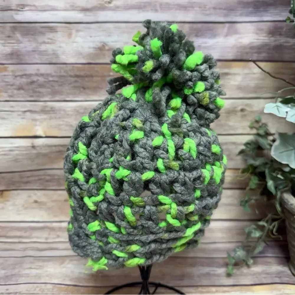 Chunky Knit Gray and Green Kids Beanie